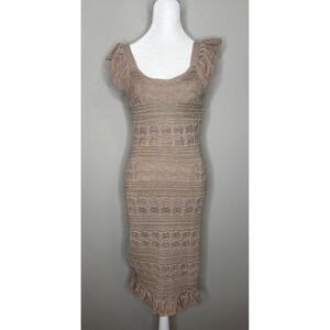 Freshman 1996 Sweater Knit Crochet Midi Dress‎ Tan Lined Ruffle Extra Small